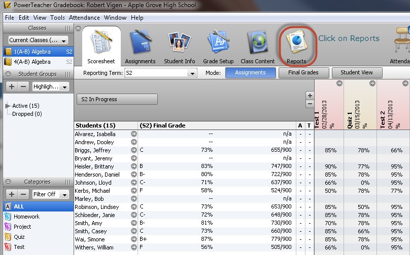 PowerTeacher Gradebook Scoresheet View